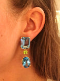 Yellow Gold Geometric Drop Earring with Blue Topaz and Peridot