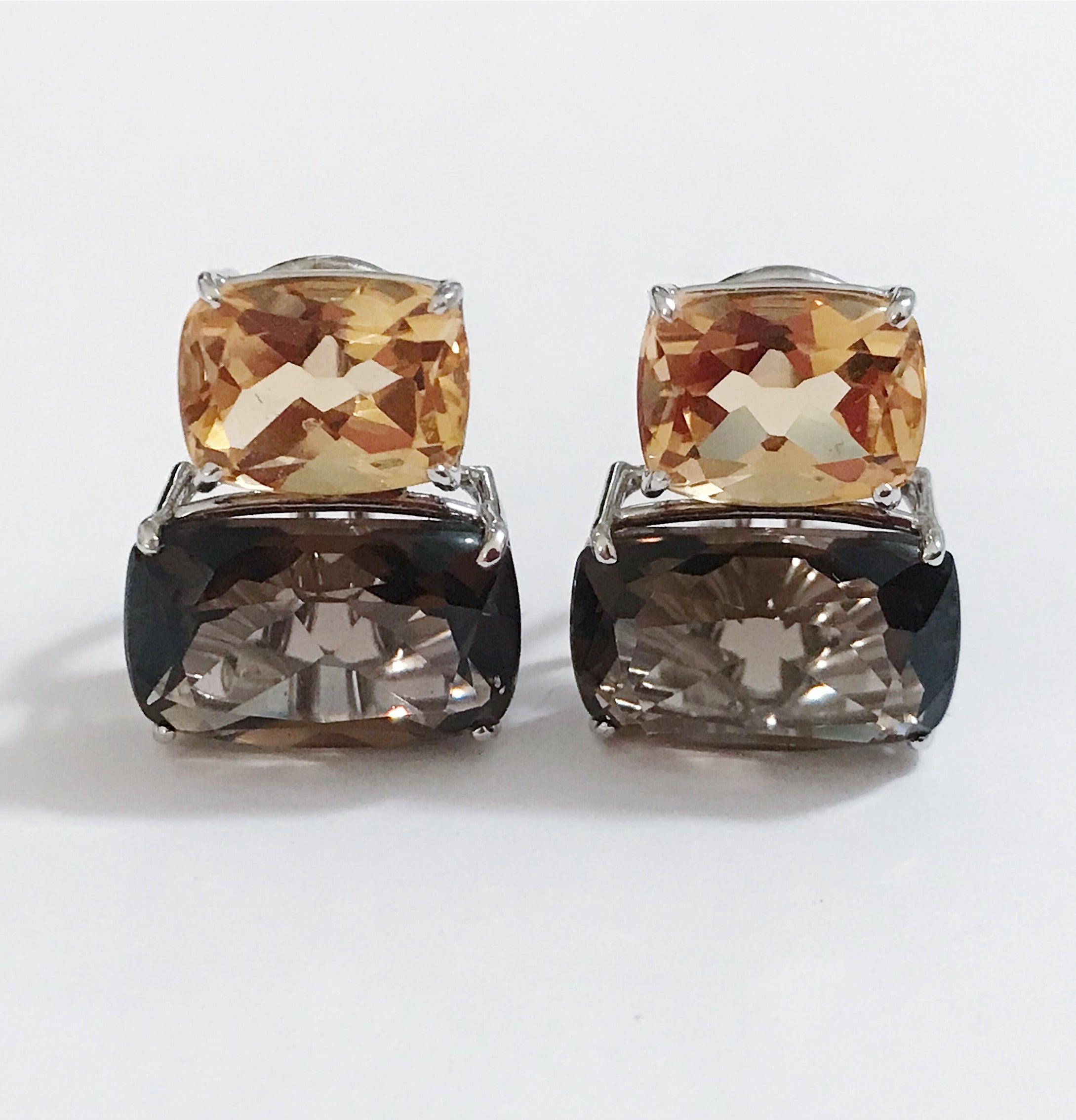 Yellow Gold Double Cushion Earrings with Pink Topaz and Orange Citrine