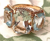 18kt Rose Gold Green Amethyst and Blue Topaz Three Stone Ring with Rope Twist Border