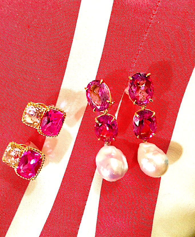 18kt Yellow Gold Medium Cushion Cut Earring with Rope Twist Border with Blue Topaz and Pink Topaz