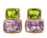 18kt Yellow Gold Cushion Cut Earring with Rope Twist Border with Green Quartz