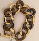 Elegant Alternating Yellow Gold and Ebony Wood Curved Link Bracelet