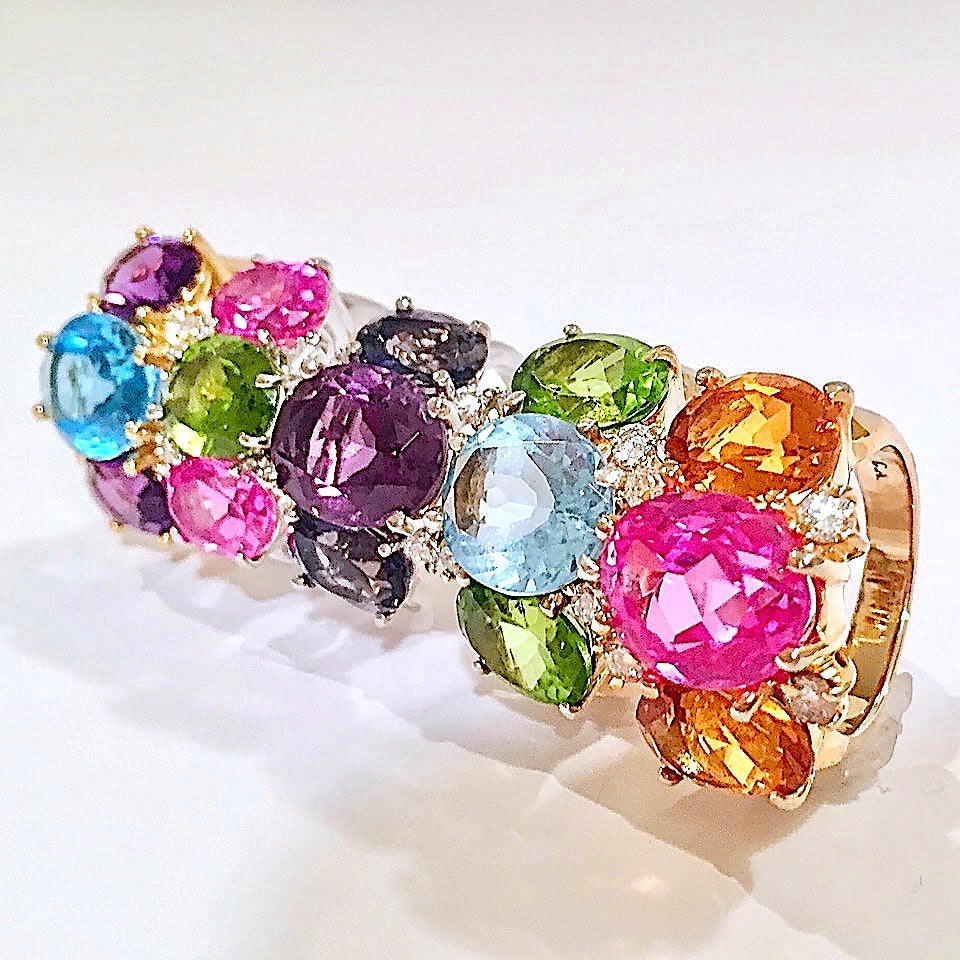 Bonheur Ring with Blue Topaz, Amethyst and Diamond Domed Ring