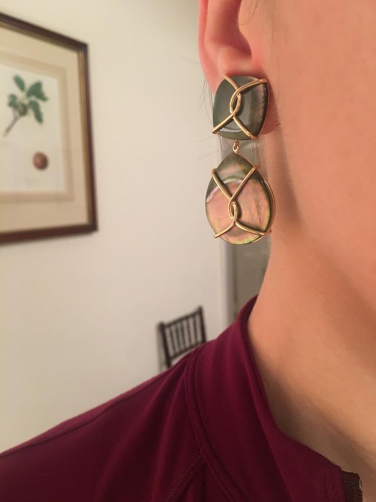 Large 18kt Yellow Gold Abalone Cushion and pear shaped Drop Earrings with Twisted Gold Detail
