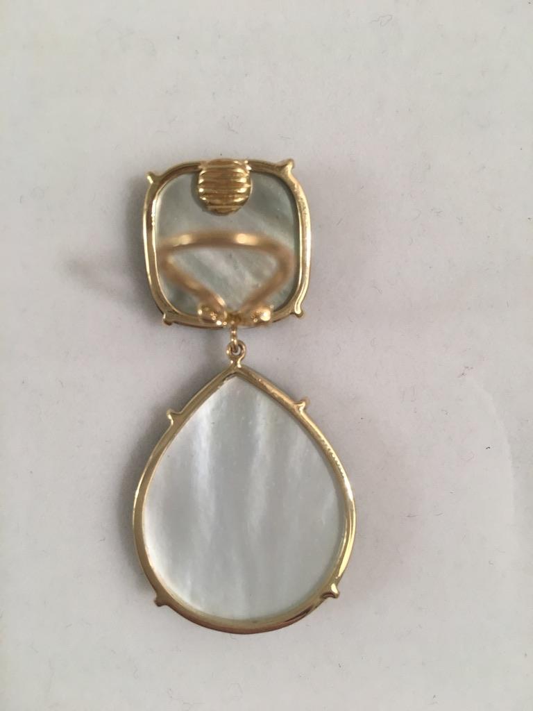 Large 18kt Yellow Gold Abalone Cushion and pear shaped Drop Earrings with Twisted Gold Detail