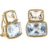 18kt Yellow Gold Medium Cushion Cut Earring with Rope Twist Border with Blue Topaz and Pink Topaz