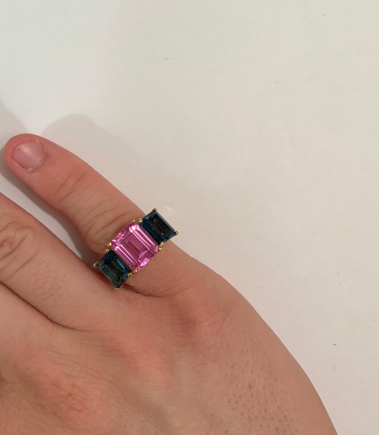 18kt Yellow Gold Mini Emerald Cut Ring with Pink Topaz and Blue Topaz