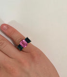 18kt Yellow Gold Mini Emerald Cut Ring with Pink Topaz and Blue Topaz