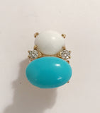 Yellow Gold Pear Drop Earring with White Jade and Bezel Set Turquoise Accent