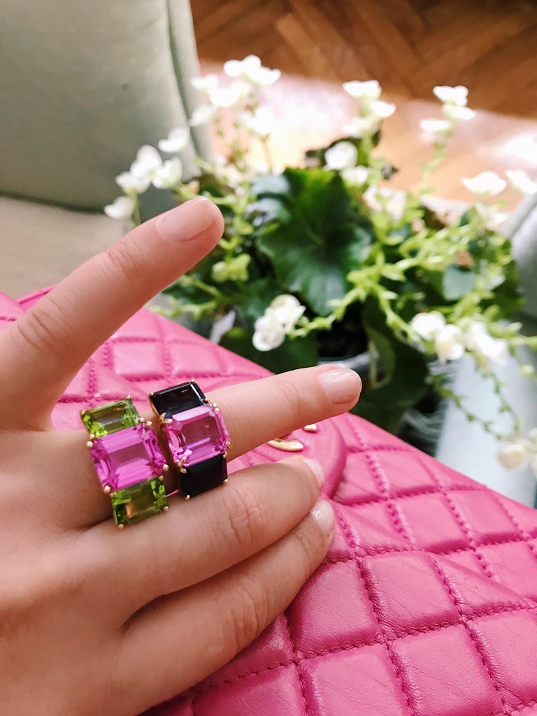 18kt Yellow Gold Mini Emerald Cut Ring with Pink Topaz and Blue Topaz