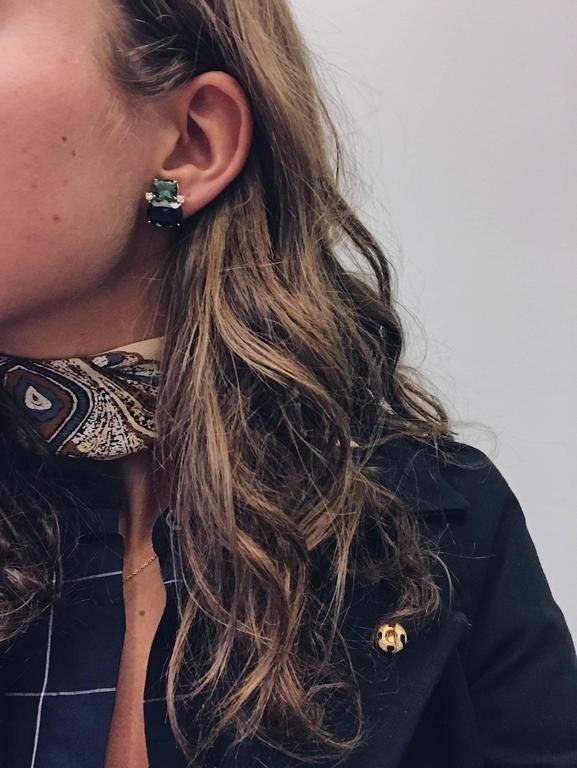 Double Cushion Green Quartz Diamond Yellow Gold Earrings
